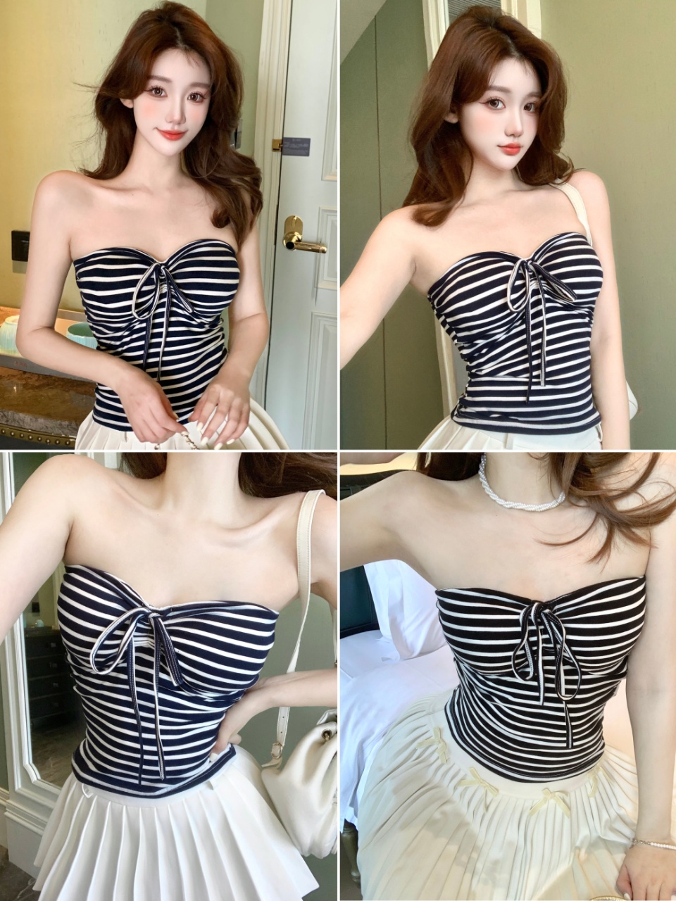 American hot girl striped strappy strapless vest for women, summer sleeveless, slimming, and form-fitting design. It can be worn as an inner layer and an outer layer top pic 1