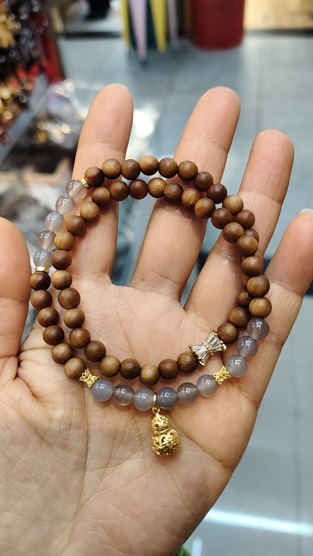 Barbie sandalwood + grey agate double loop bracelet