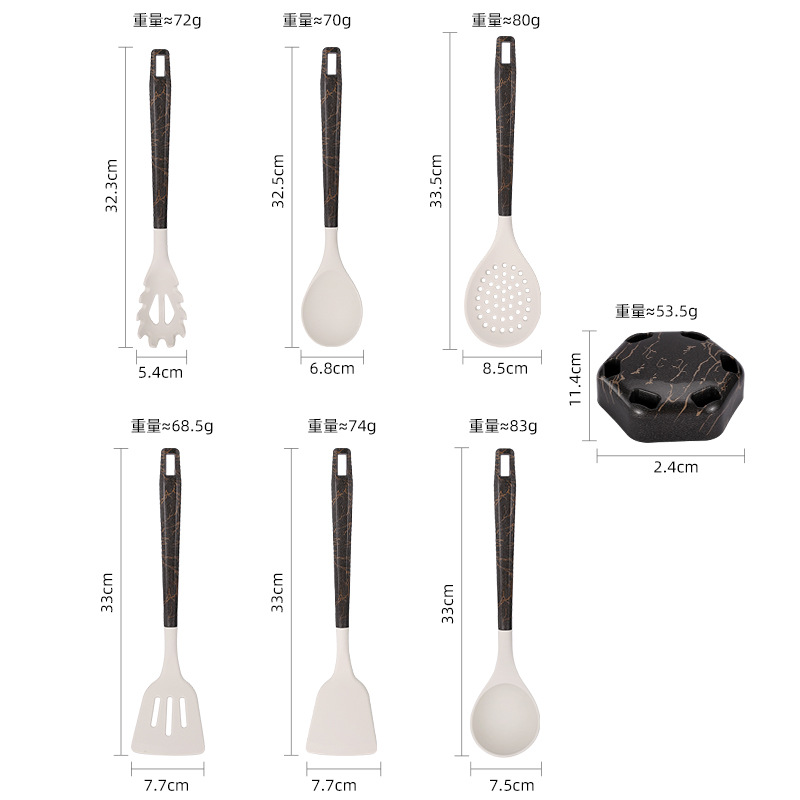 厨房多功能硅胶烹饪勺铲套装厨具厨房用品厨房工具日用百货硅胶厨具套装不粘锅七件套汤勺漏勺厨房烹饪锅铲勺厨具套装硅胶白底实物图