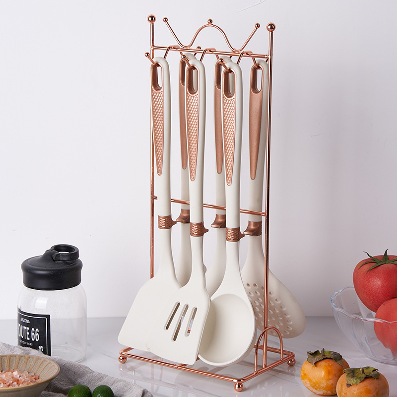 跨境新款硅胶厨具7件套食品级硅胶套装耐高温挂件汤勺漏勺捞篱厨具套装