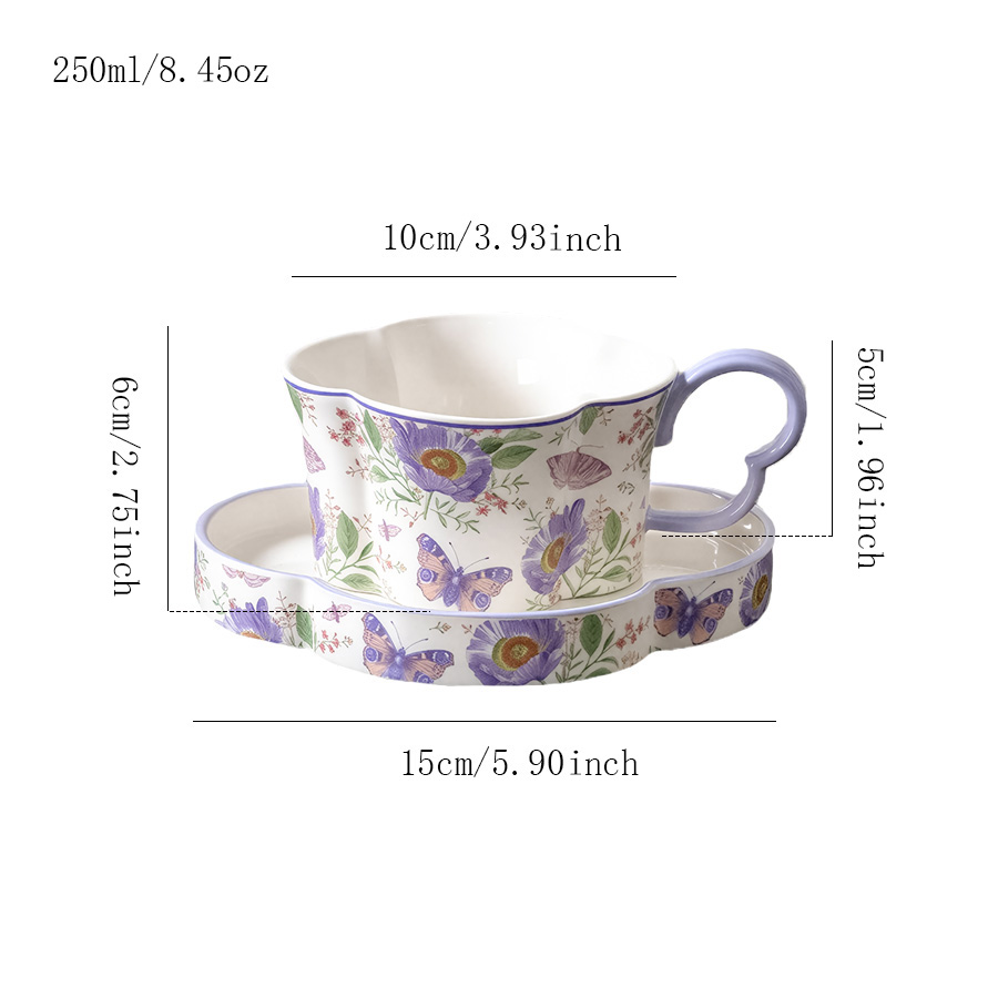 陶瓷杯蝶马克杯茶杯水杯牛奶杯咖啡杯套装可定制可爱专用怀旧早餐牛奶轻奢日式繁花花卉高温大容量喝茶卡通陶瓷个人麦片过滤创意女