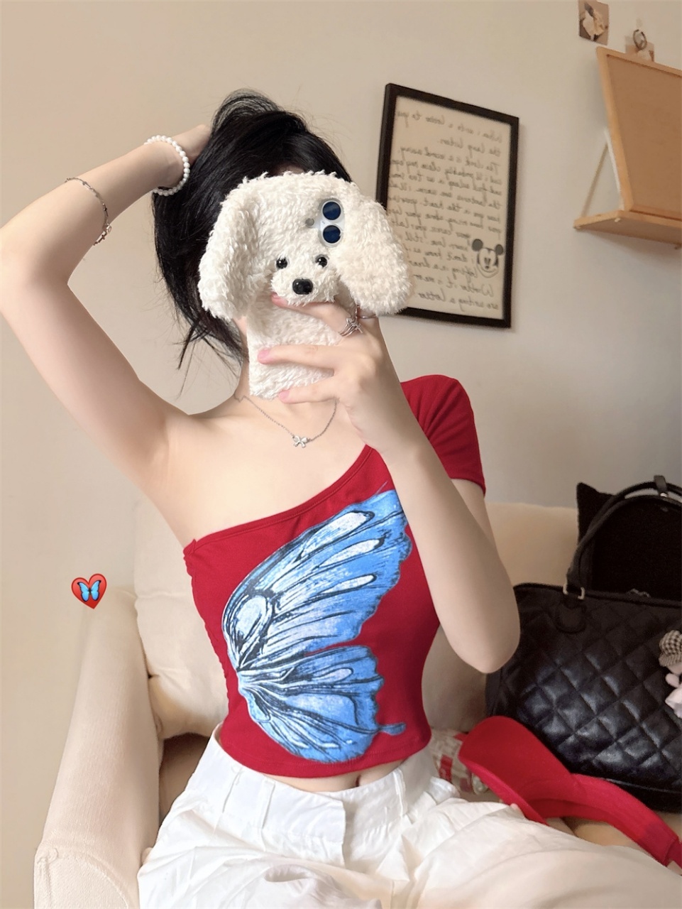 A hot girl style off-the-shoulder butterfly print short-sleeved T-shirt for women. Pair it with a short top with a chest pad for a slimming and form-fitting look in summer pic 6