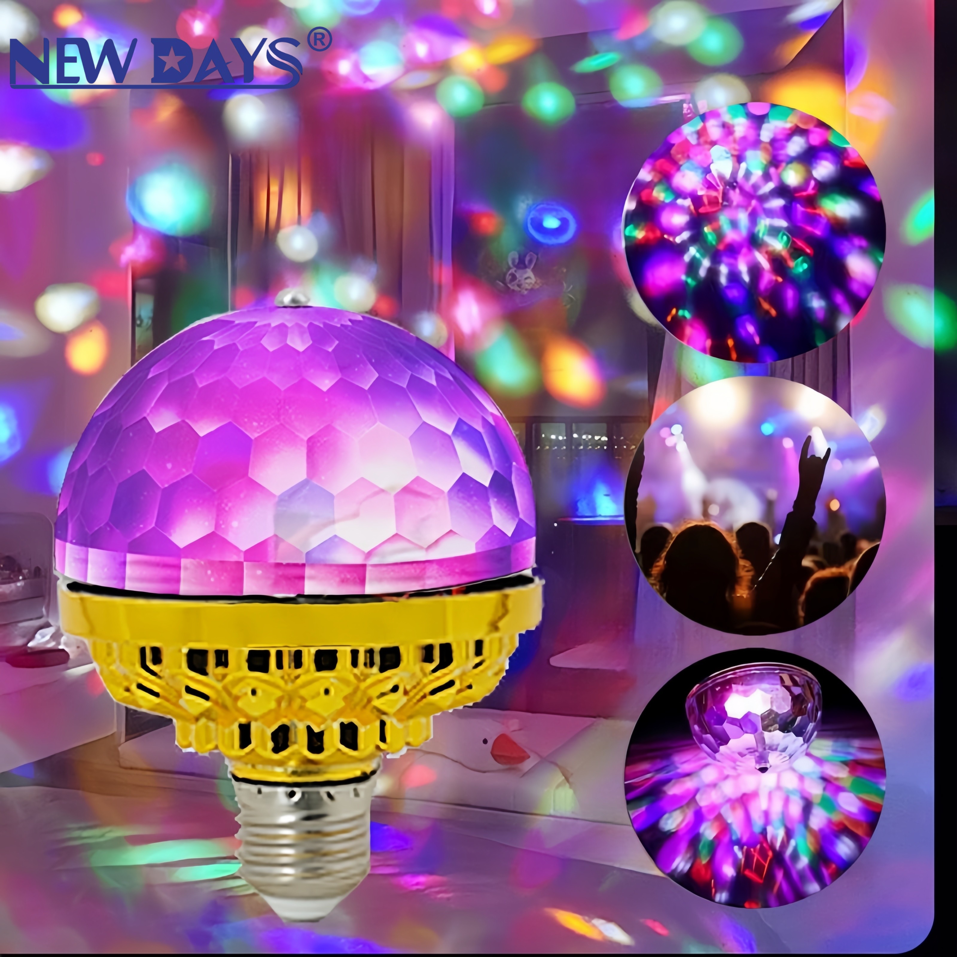 أضواء مسرح دوارة ذهبية من طراز LED ذات العلامة التجارية Newdays العابرة للحدود، ومصابيح ذات ألوان متغيرة من الفلاش المنزلية، ومصابيح الكريستال السحرية details Picture