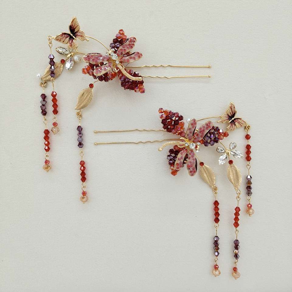 Ancient-style red crystal hair accessory set, complete hairpins, hairpins and earrings, super stunning Chinese-style accessory set, seven-piece set, Hanfu photo shoot and Xiuhe dress are all available details Picture