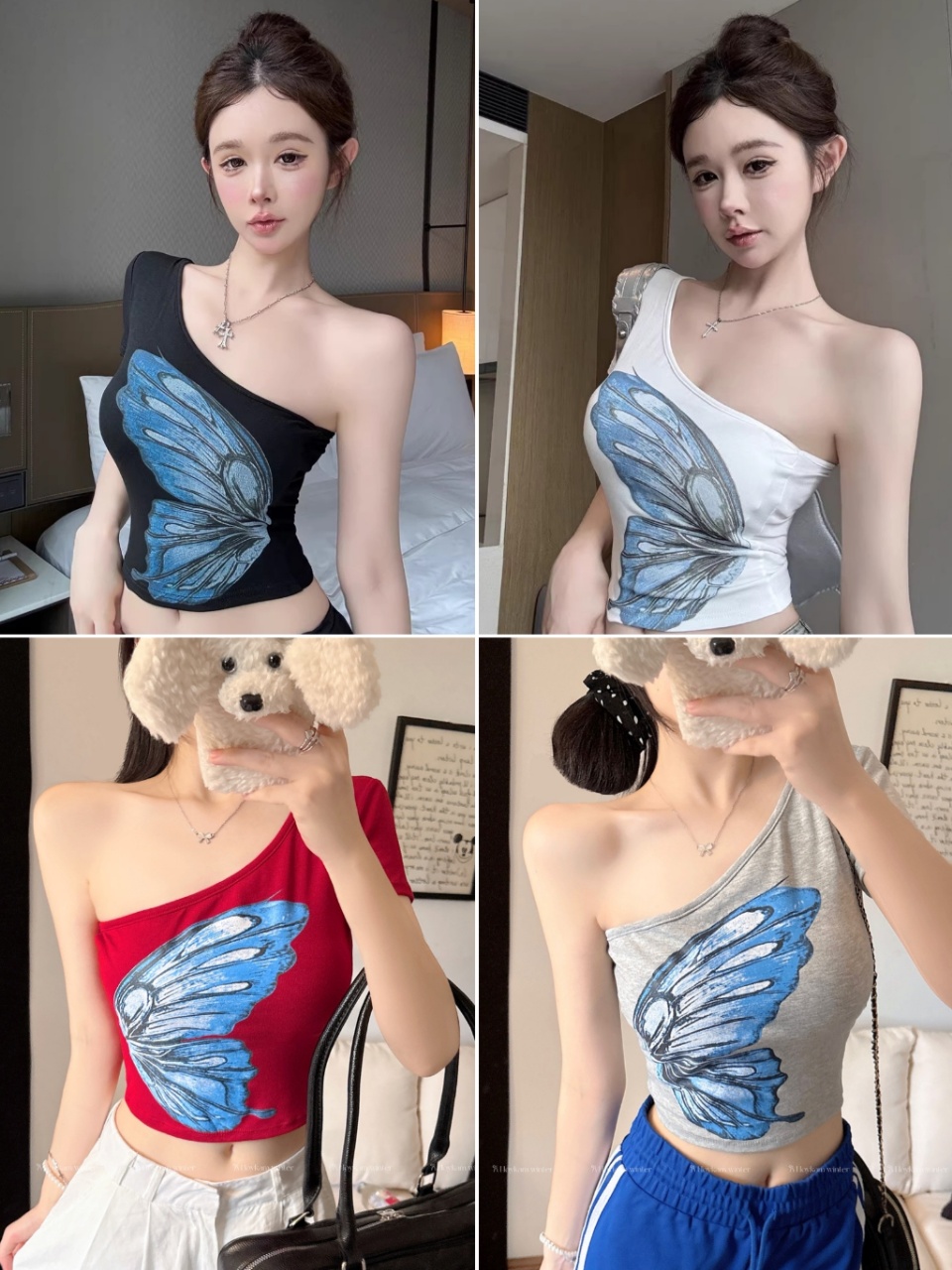 A hot girl style off-the-shoulder butterfly print short-sleeved T-shirt for women. Pair it with a short top with a chest pad for a slimming and form-fitting look in summer pic 1