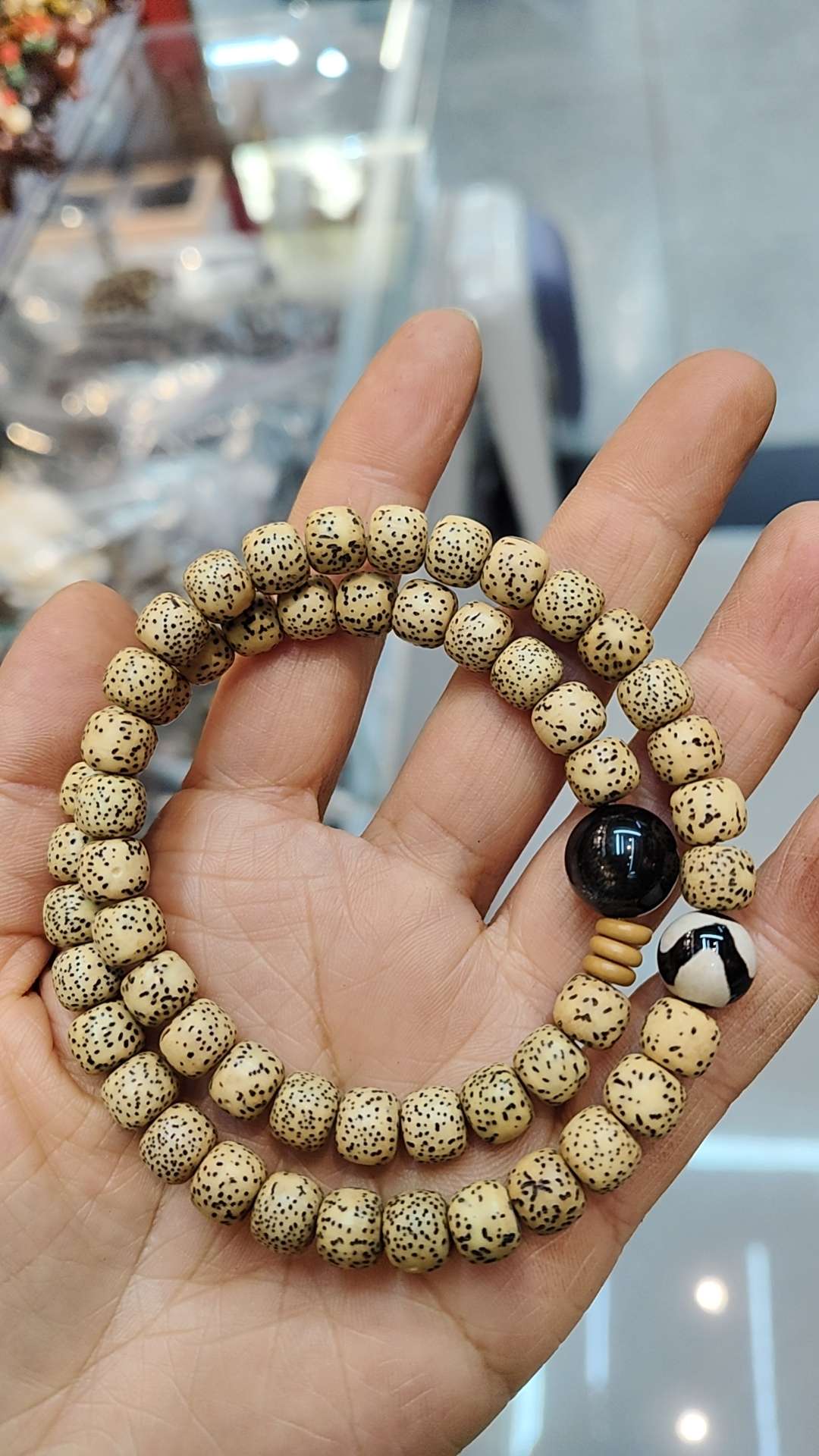 Star and Moon Bodhi + Tiger Tooth Sky Pearl + Silver Obsidian Double Ring bracelet