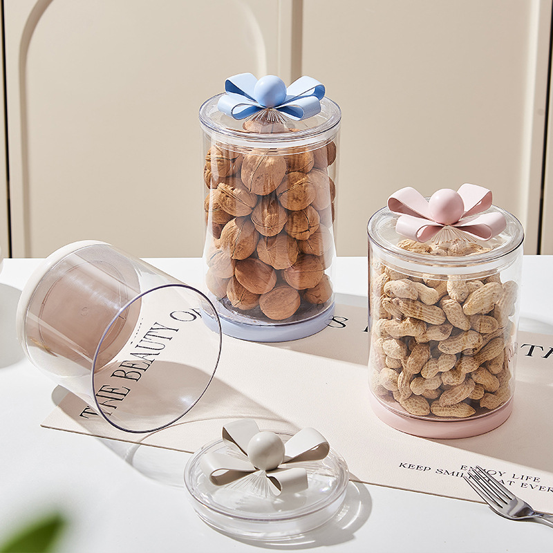 蝴蝶结密封罐 圆形透明带盖桌面杂粮罐防尘整理儿童零食罐子批发 密封罐易扣密封罐