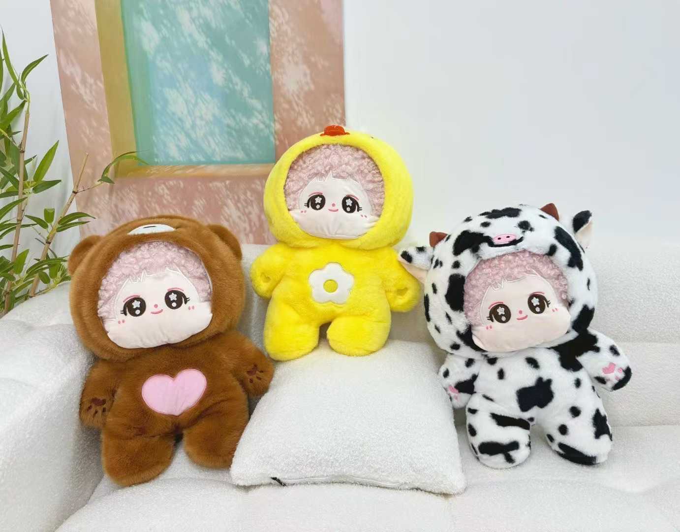Cute plush toys for kids, each with its own unique little design, featuring cow patterns, unicorn horns, rainbow decorations... Item Picture