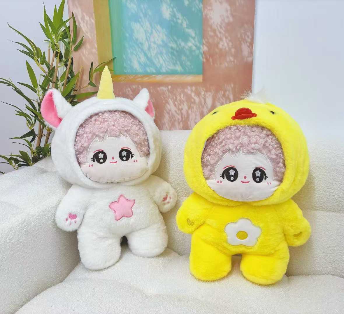 Cute plush toys for kids, each with its own unique little design, featuring cow patterns, unicorn horns, rainbow decorations... Specification image