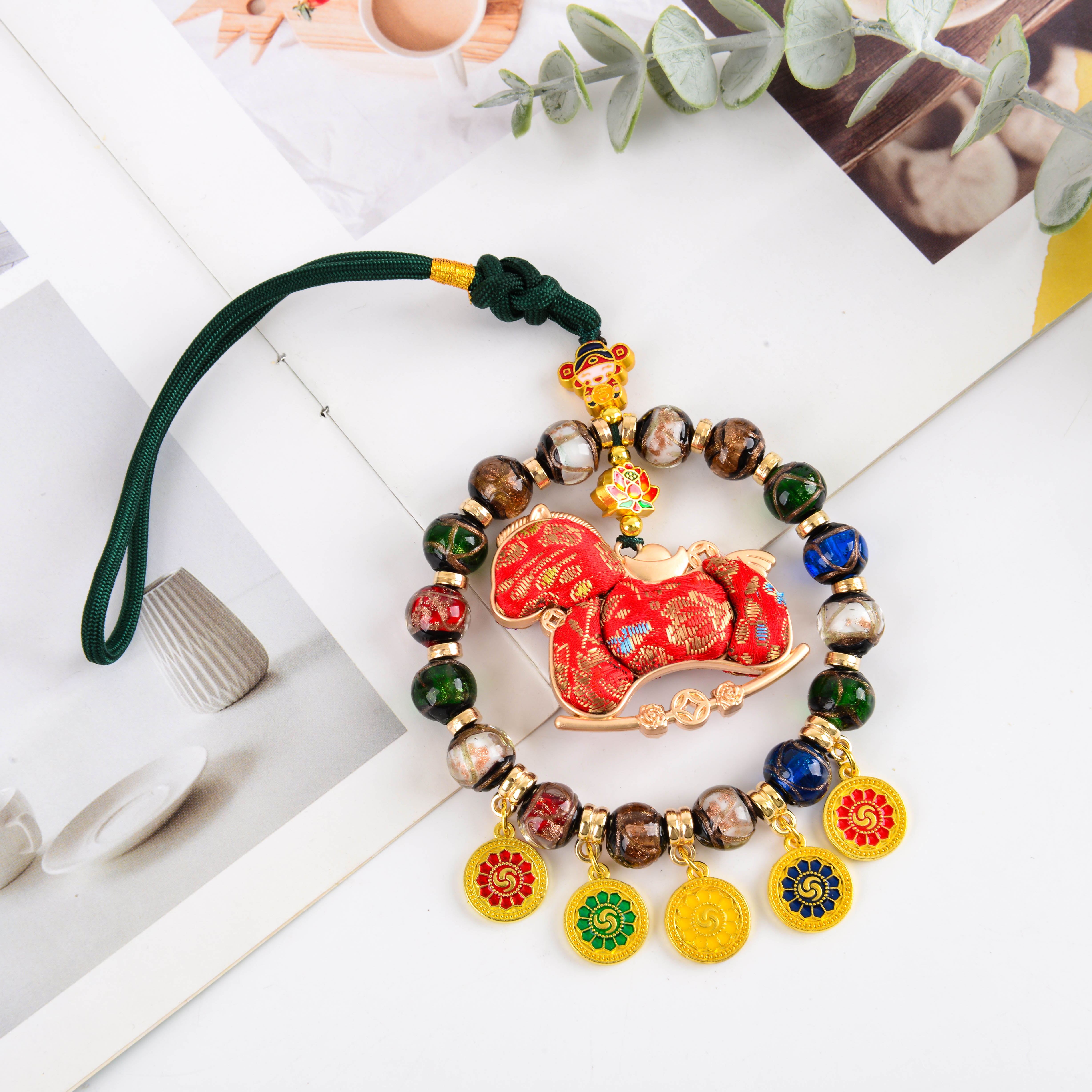 The new Chinese-style intangible cultural heritage of the Year of the Horse, Song Brocade Horse Year car hanging with Five Directions of the God of Wealth in glass style, starting from one. Item Picture