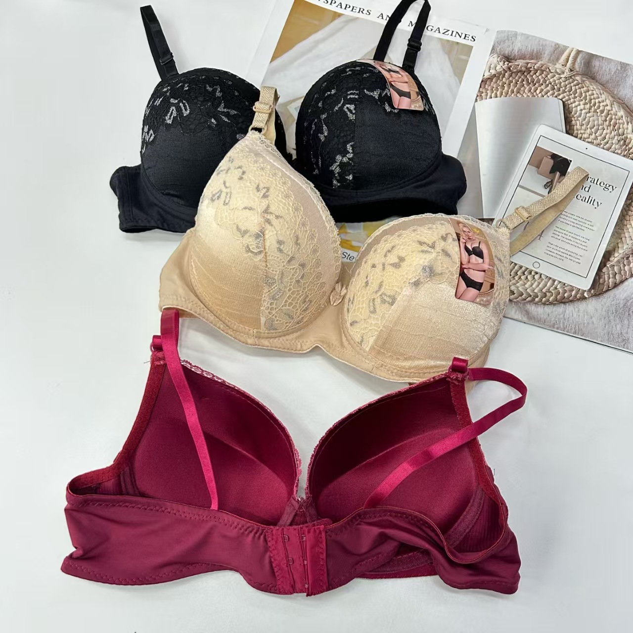 1197# Export stock women's bra Lace Cup surface solid color overall embroidery decoration bra Gathering lift comfortable sports bra Women's underwear bra QNI details Picture
