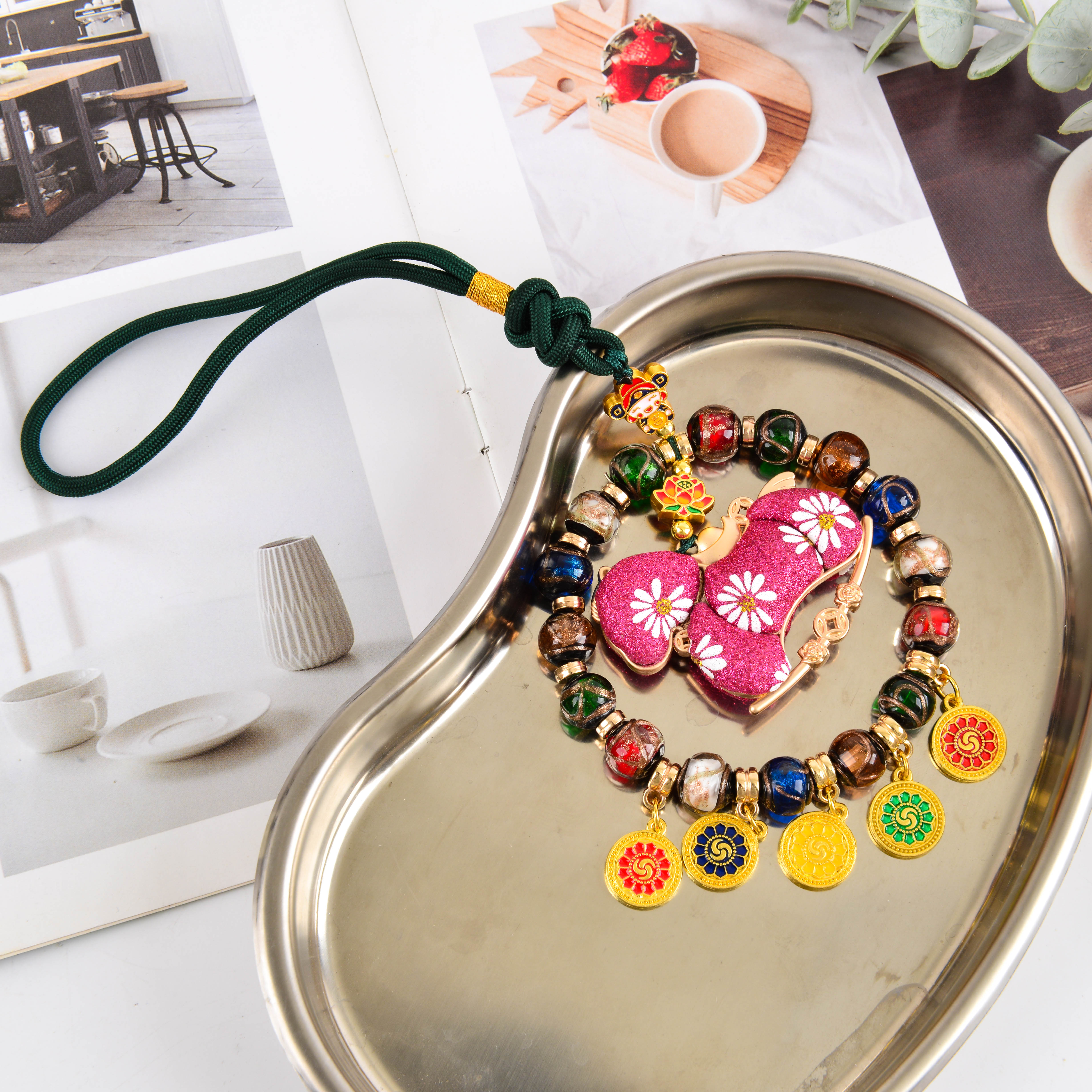 The new Chinese-style intangible cultural heritage of the Year of the Horse, Song Brocade Horse Year car hanging with Five Directions of the God of Wealth in glass style, starting from one. Application Scenario