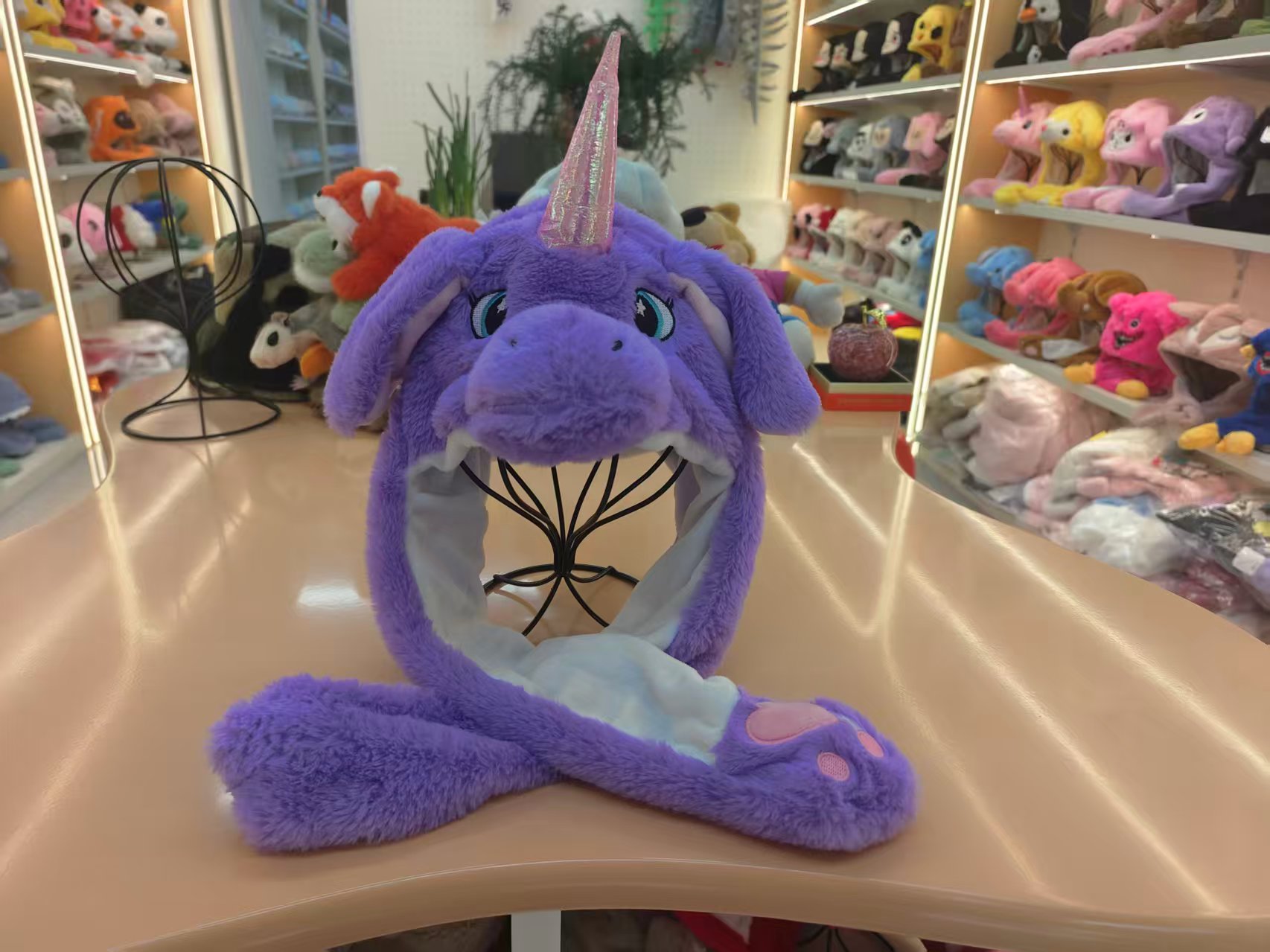 紫色独角兽造型毛绒帽女秋冬羊毛贝雷帽防晒沙滩帽兔毛帽子