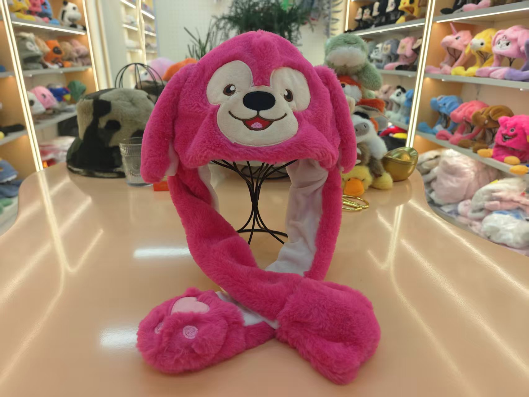 加绒保暖动物帽子可爱长耳朵一捏会动气囊帽软萌毛绒头套仿真狗毛绒玩具