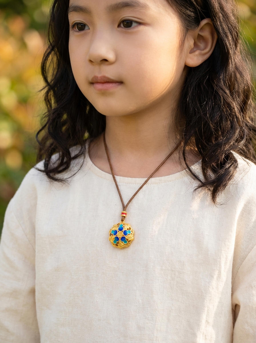 Gold-encrusted with silver, inlaid pendant, enamel silver jewelry, Thangka head accessory, retro necklace pendant details Picture