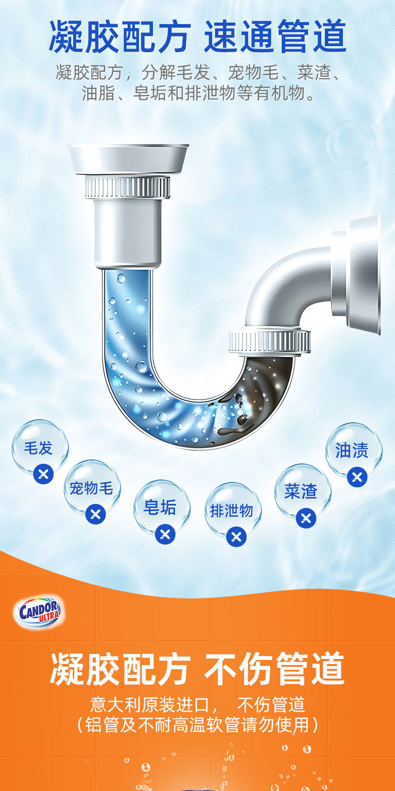 Candor Swan Pipe Unclogging Agent can dissolve hair, tea residue, food residue, grease and sludge. It is a sewer unclogging agent pic 11