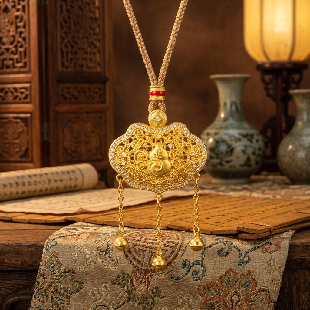 Gold hand-carved inlaid chain pendant, Thangka gold wrapped silver head jewelry, silver accessory jewelry