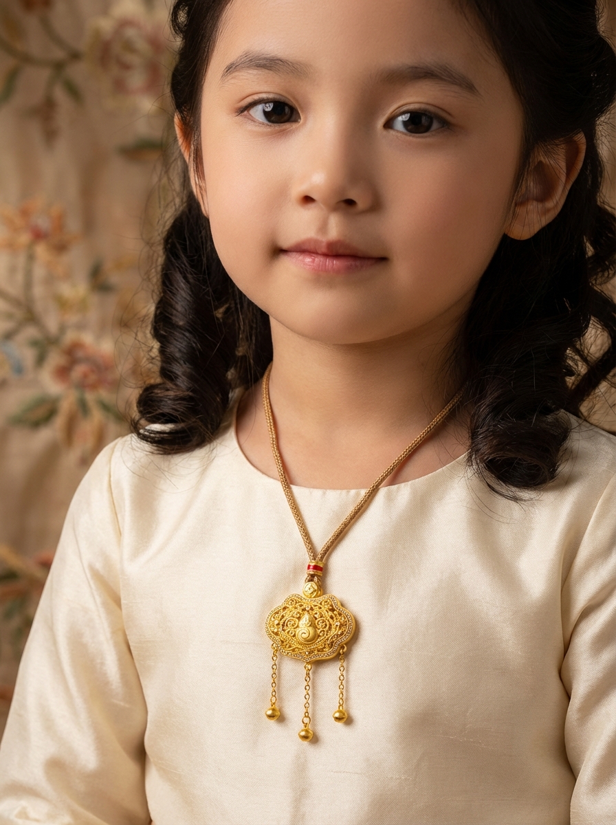 Gold hand-carved inlaid chain pendant, Thangka gold wrapped silver head jewelry, silver accessory jewelry details Picture