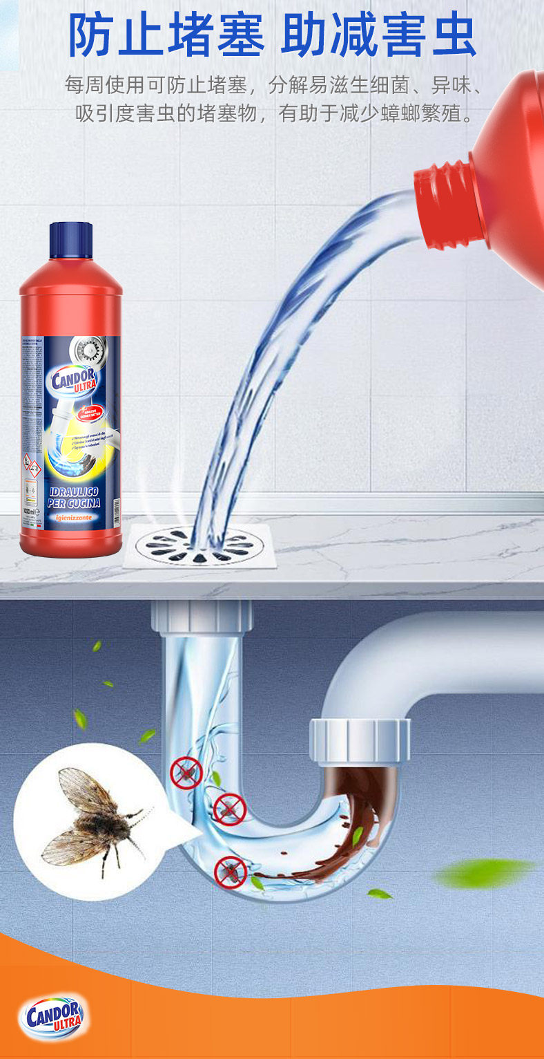 Candor Swan Pipe Unclogging Agent can dissolve hair, tea residue, food residue, grease and sludge. It is a sewer unclogging agent pic 2