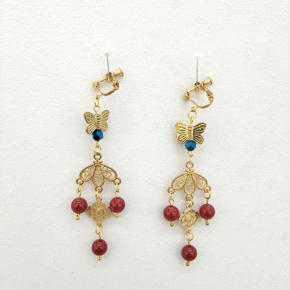 ✨ red and blue contrasting ancient-style hairpins and earrings set, butterflies dancing in full bloom, exquisite accessories for Chinese weddings and hanfu outfits Specification image