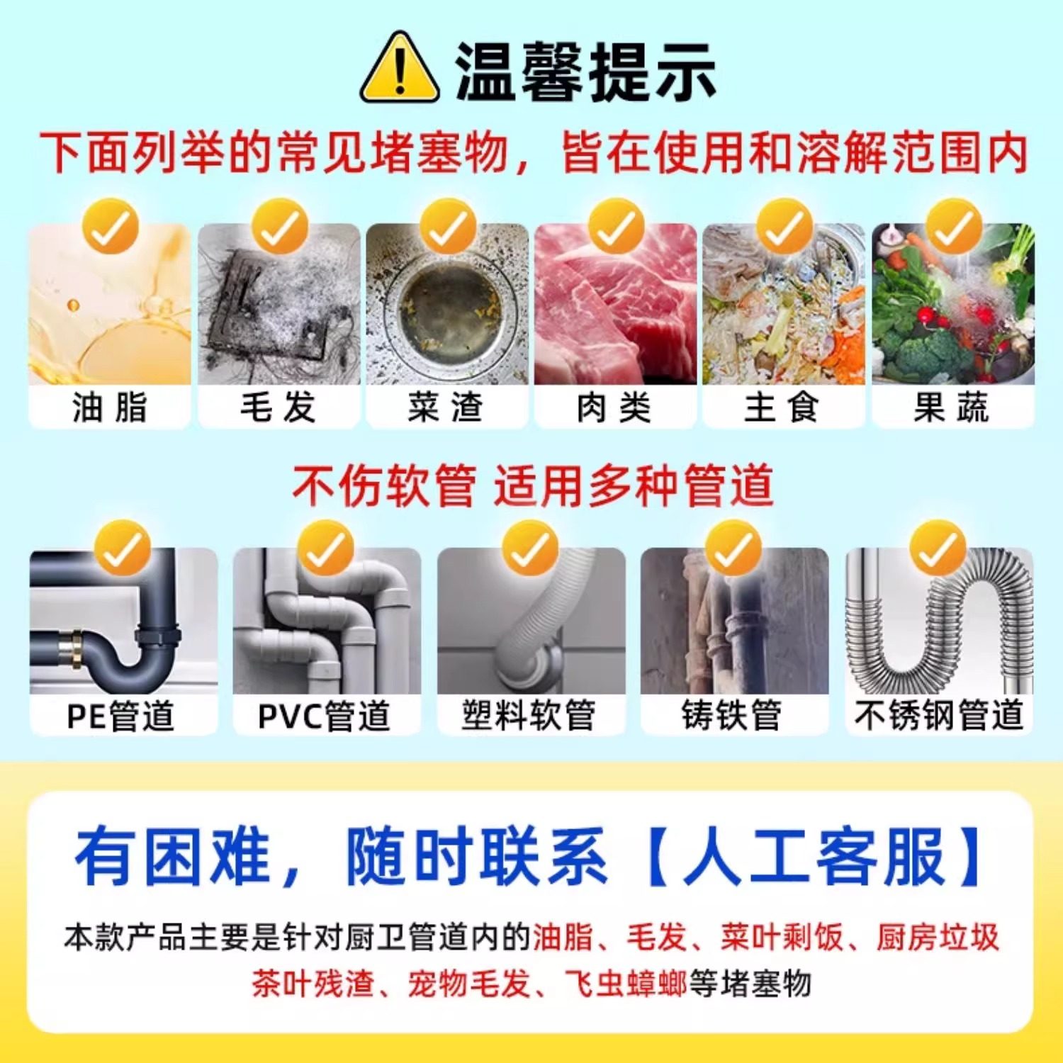 Candor Swan Pipe Unclogging Agent can dissolve hair, tea residue, food residue, grease and sludge. It is a sewer unclogging agent pic 3