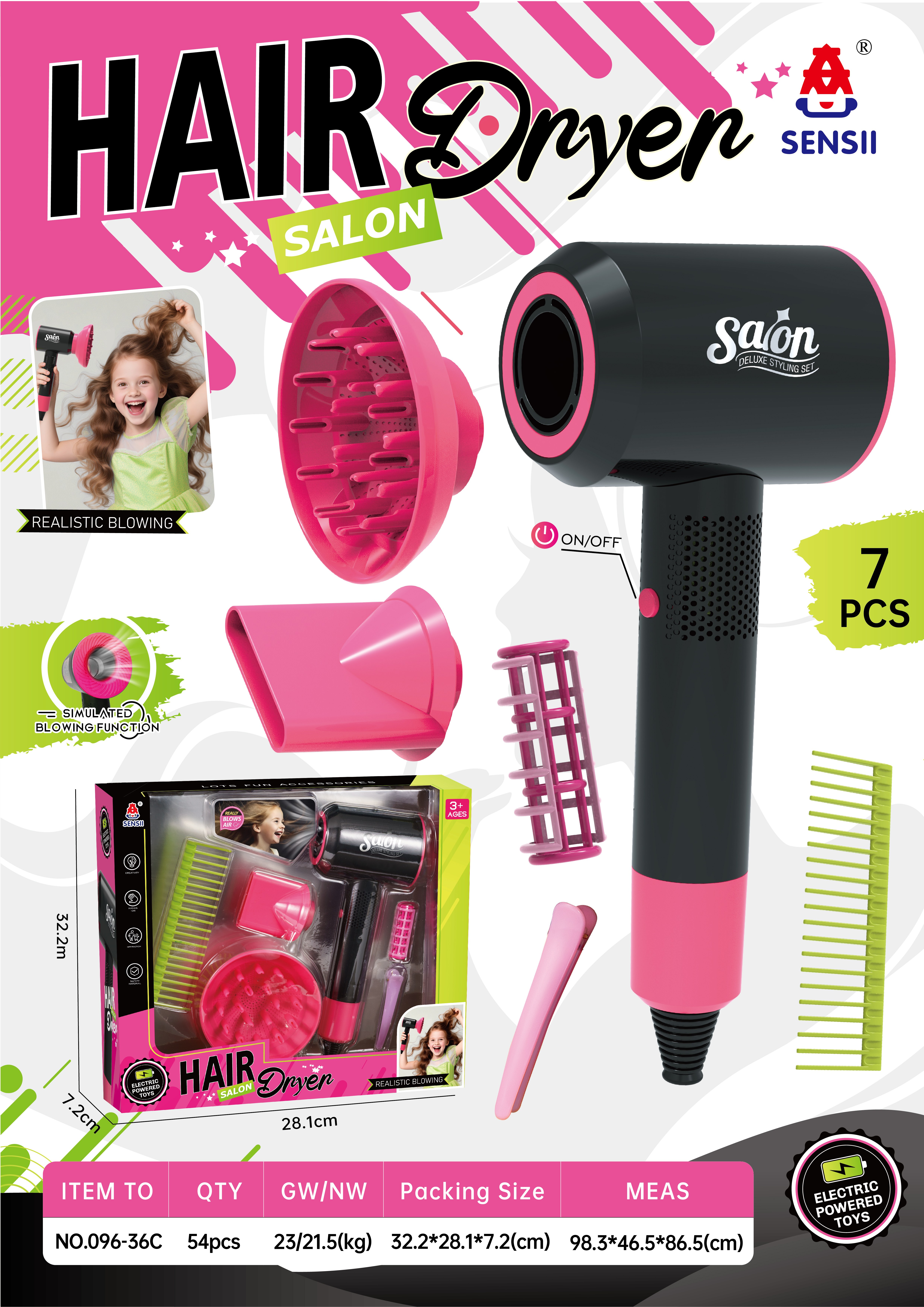 HAIR Dryer SALON儿童玩具电吹风套装7件套迷你吹风机配件幼儿玩具小女孩家居微缩模型