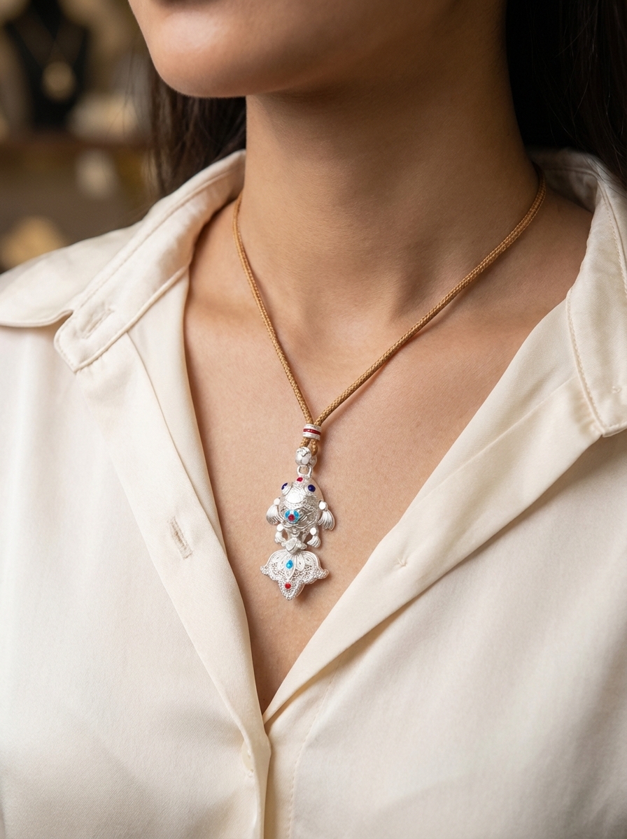 999 silver hand-engraved, hollowed-out three-dimensional carving, fish-shaped pendant jewelry, silver accessory, retro style details Picture