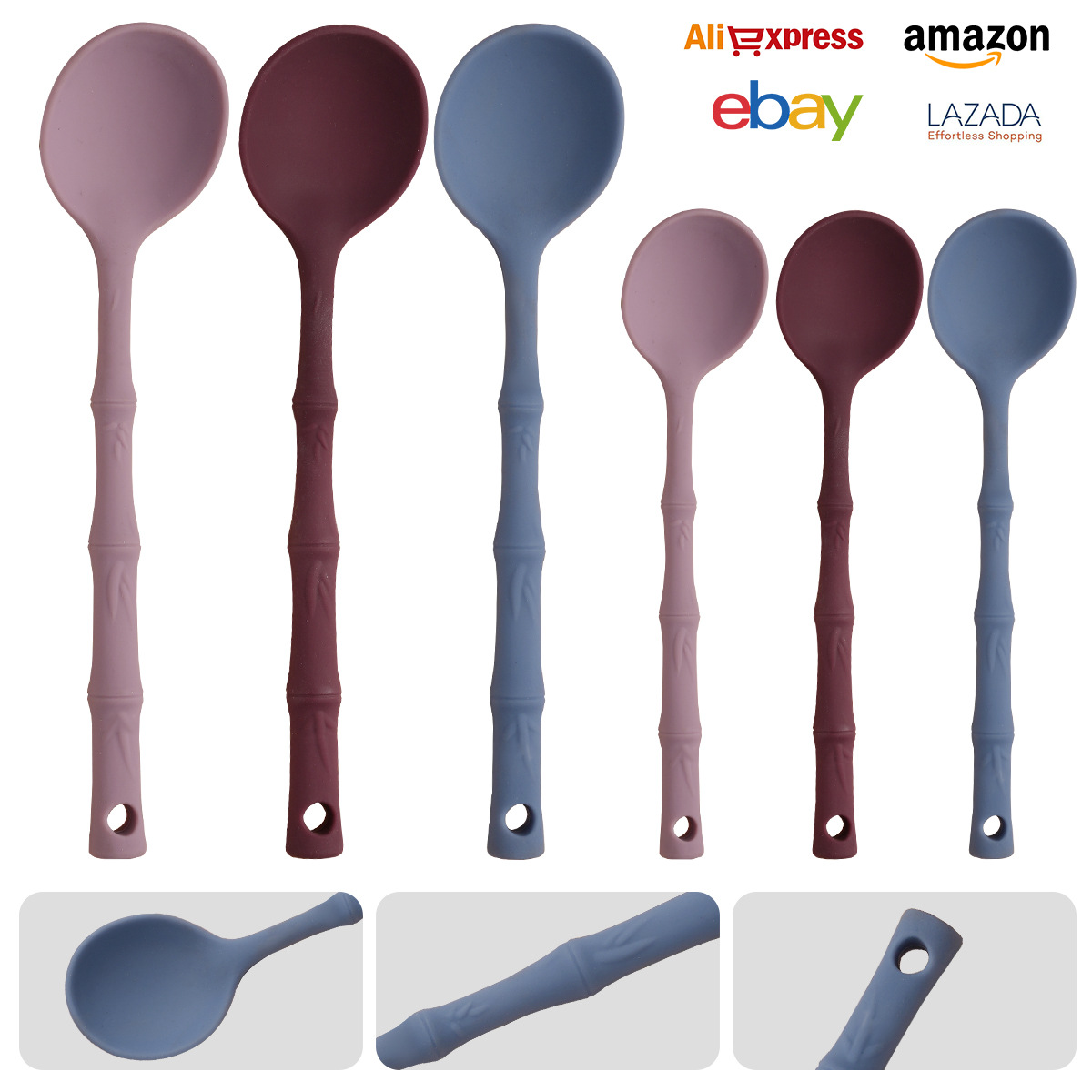 跨境一体式硅胶勺子食品级厨房家用品硅胶圆勺沙拉搅拌勺子儿童勺子勺子