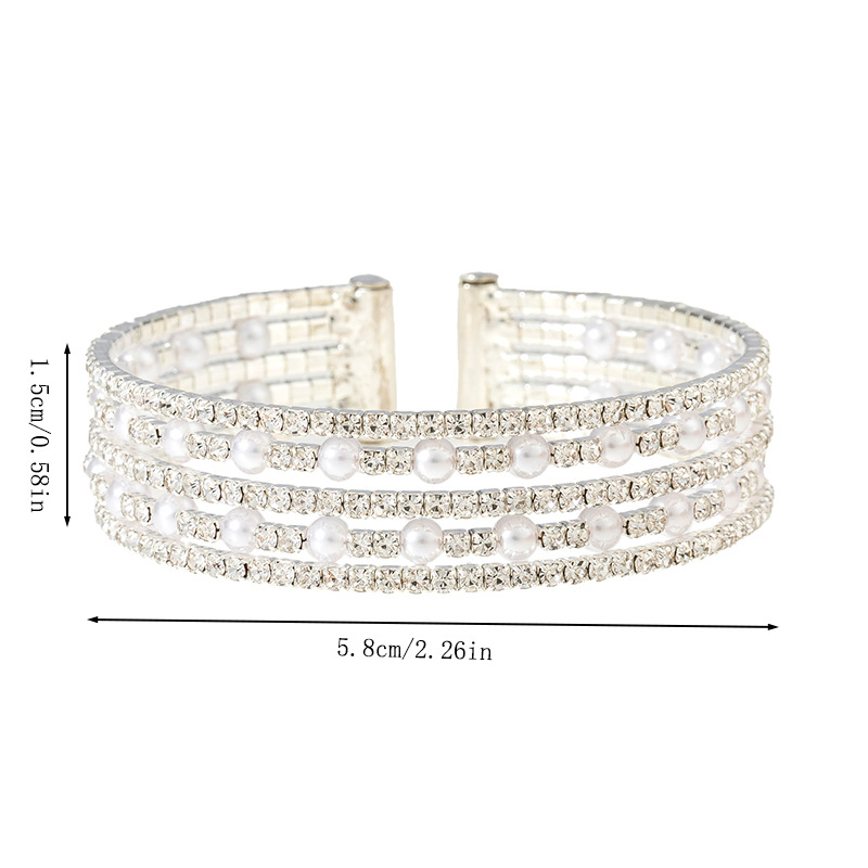 Three-row water diamond and pearl elastic bracelets from Japan and South Korea, fashionable evening dinner, wedding and party, diamond-encrusted jewelry, cross-border wholesale supply of accessories Item Picture