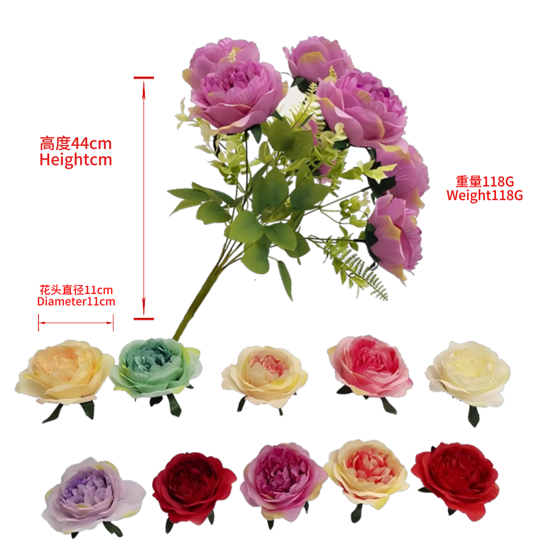 Simulated flower multi-color golden thread peony bouquet, simulated flower anti-realistic flower arrangement, flower crochet, simulated flower bouquet 7-head set details Picture