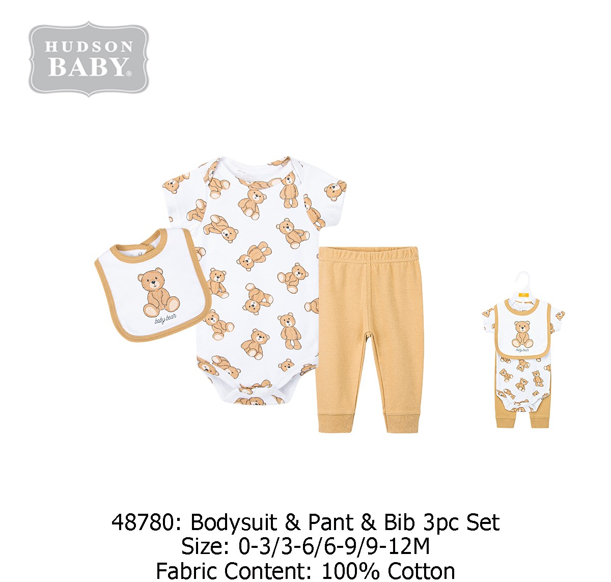 Hudson Baby 100% Cotton Baby Outfit Set, 3-Piece (Bodysuit +
