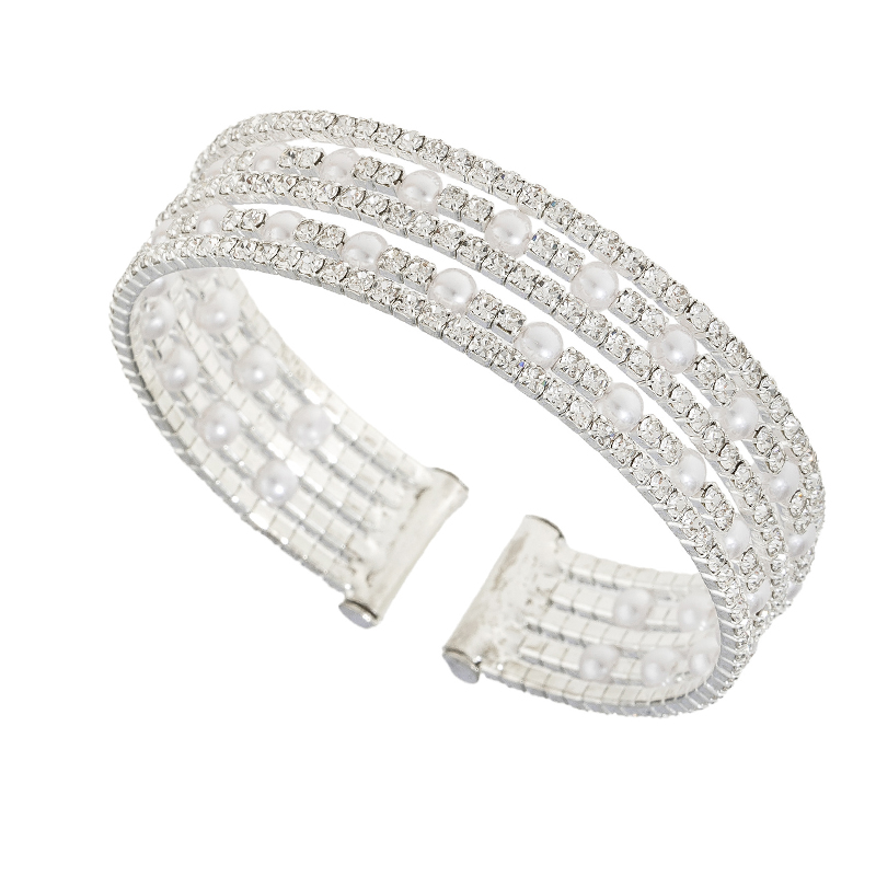 日韩叠戴3排手饰水钻珍珠弹性手镯时尚晚宴婚礼派对镶钻手饰跨境批发货源饰品