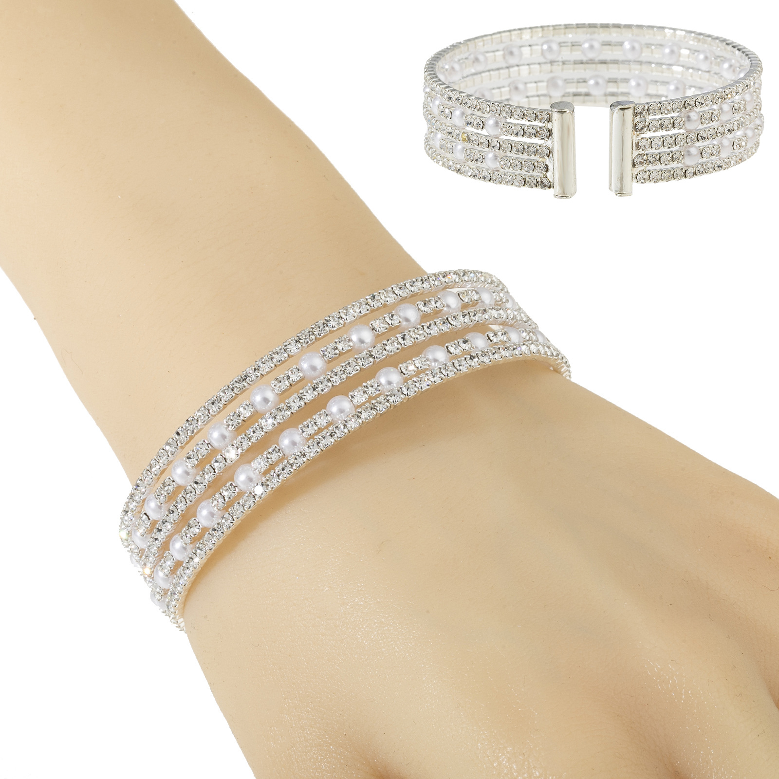 Three-row water diamond and pearl elastic bracelets from Japan and South Korea, fashionable evening dinner, wedding and party, diamond-encrusted jewelry, cross-border wholesale supply of accessories details Picture