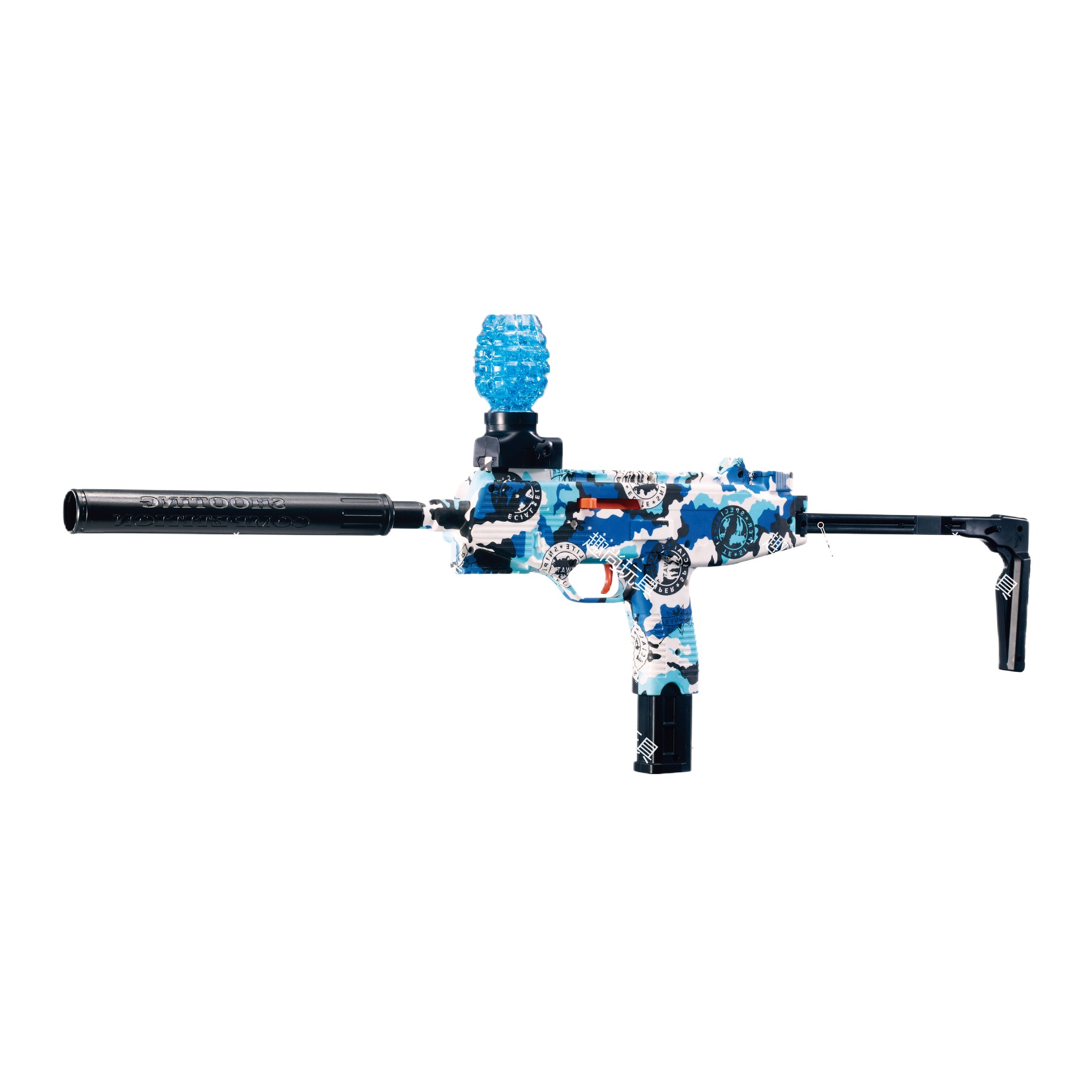 The blue MP9 automatic hand-held electric graffiti water jet gun is a children's toy submachine gun suitable for boys. It is safe, durable and full of fun Item Picture