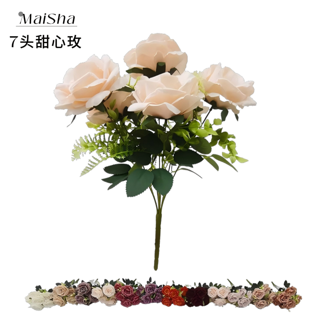 7-head sweet rose bouquet, realistic flower arrangement, plant wall, waterfall, wedding decoration, no need for maintenance