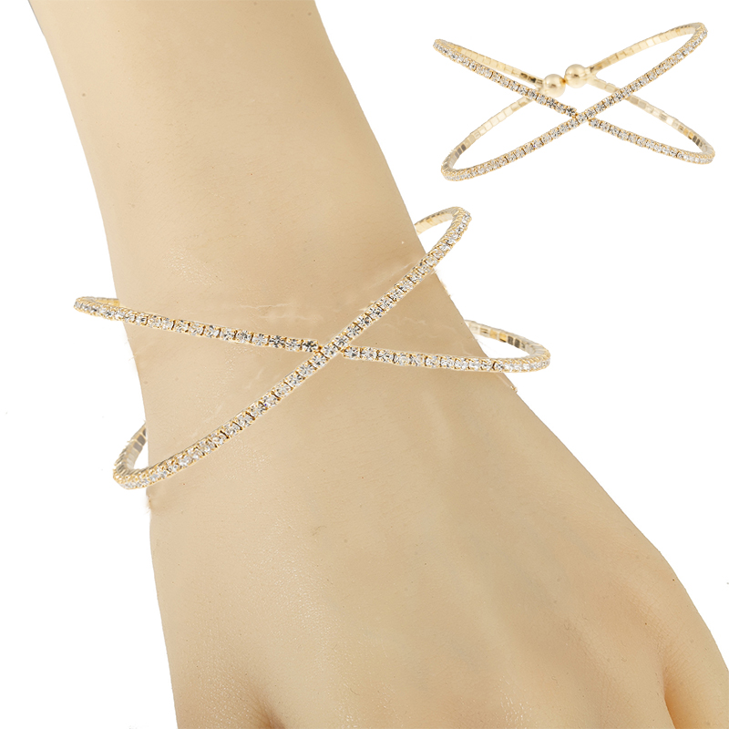 Two rows of diamond-encrusted cross bracelet claw chain water diamond bracelet, elastic opening adjustable, fashionable and versatile women's bracelet and jewelry details Picture