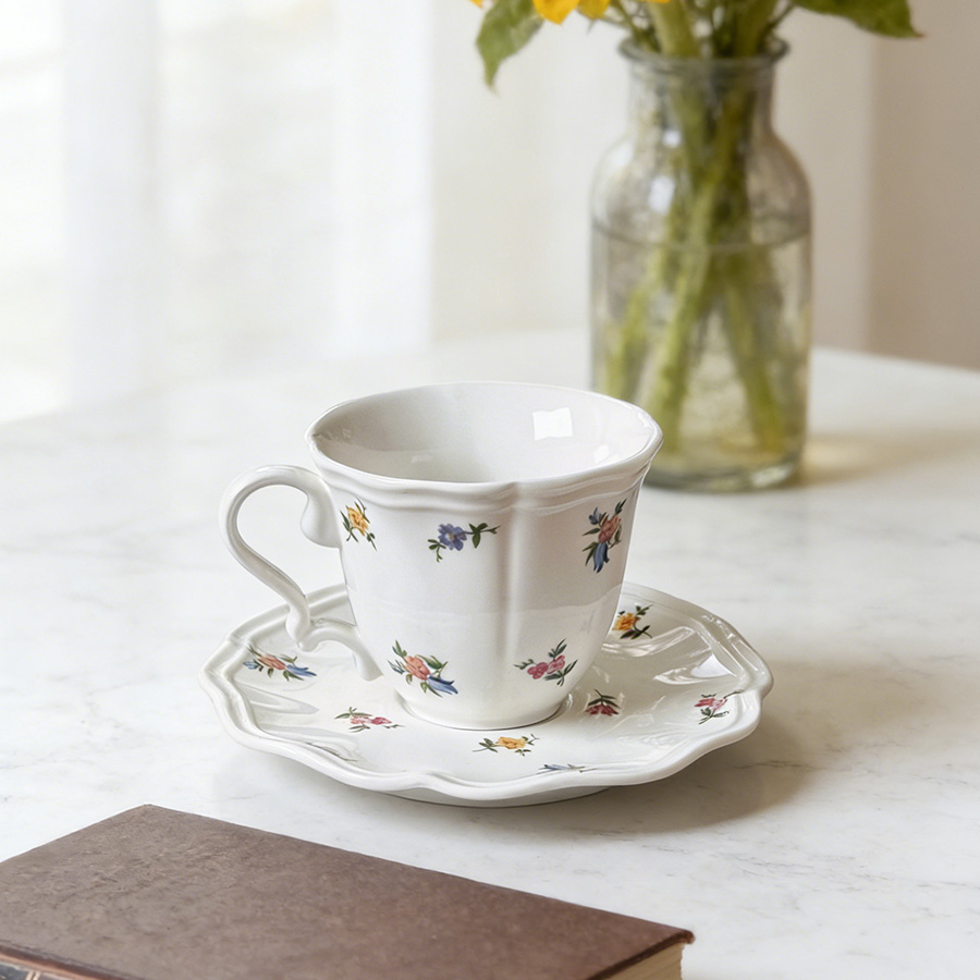 陶瓷杯蝶水杯咖啡杯马克杯套装高温牛奶LOGO会议室哑光色釉北欧风ins风创意办公室怀旧宾馆一家大容量麦片印花无盖过滤繁花