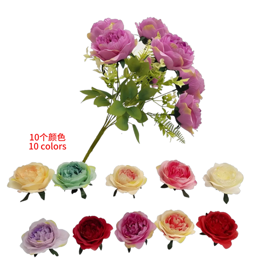 Simulated flower multi-color golden thread peony bouquet, simulated flower anti-realistic flower arrangement, flower crochet, simulated flower bouquet 7-head set Specification image