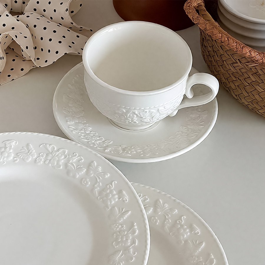 陶瓷杯蝶牛奶杯马克杯水杯茶杯三口带手柄办公室可爱高颜值复古热饮釉下彩景德镇刻花北欧风素烧轻奢民宿日式纯白色麦片繁花防尘女详情图4