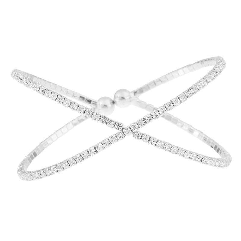 Two rows of diamond-encrusted cross bracelet claw chain water diamond bracelet, elastic opening adjustable, fashionable and versatile women's bracelet and jewelry Item Picture