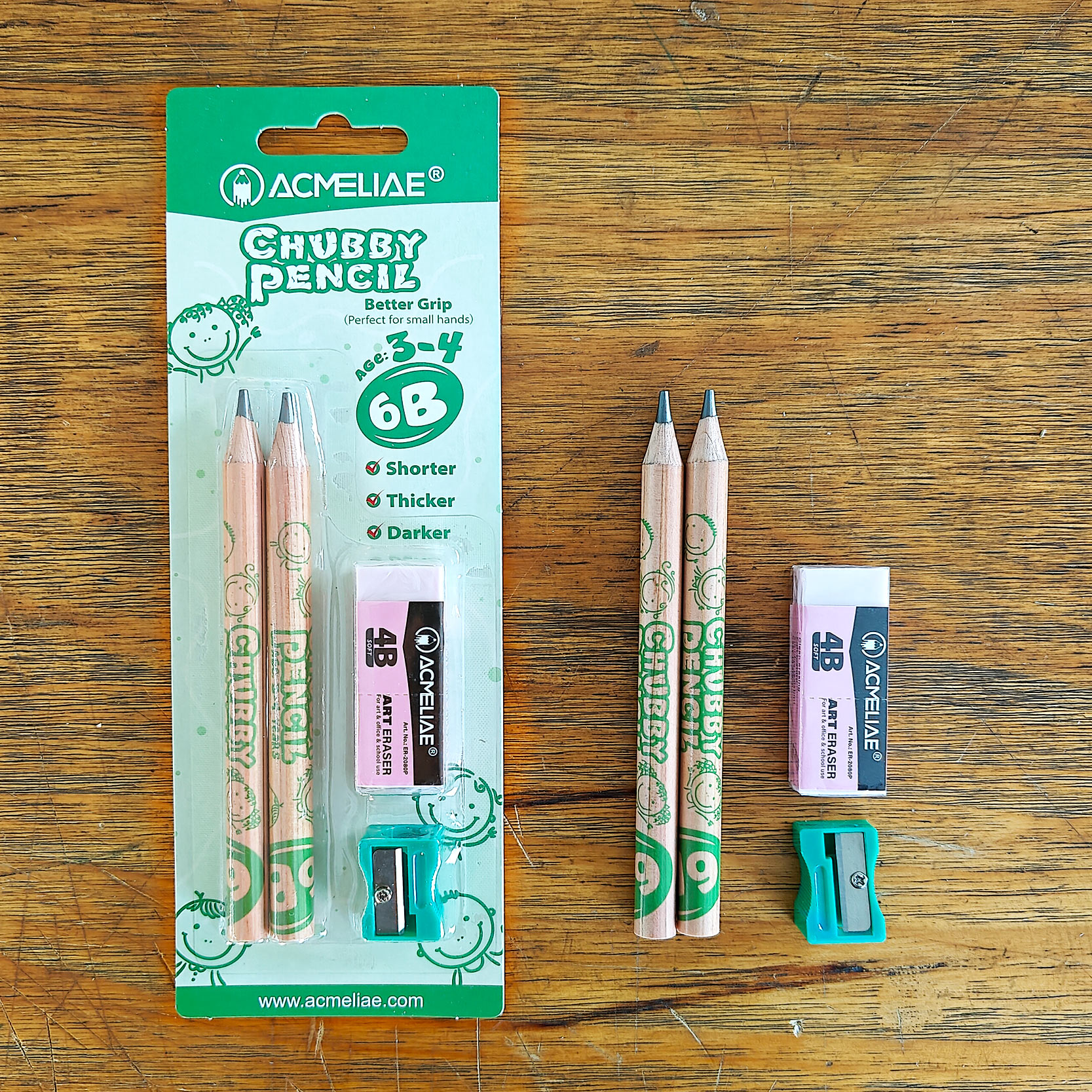 ACMELIAE 2PCS 10mm 6B Pencil+Sharpener+4B Eraser/BlisterCard full figure