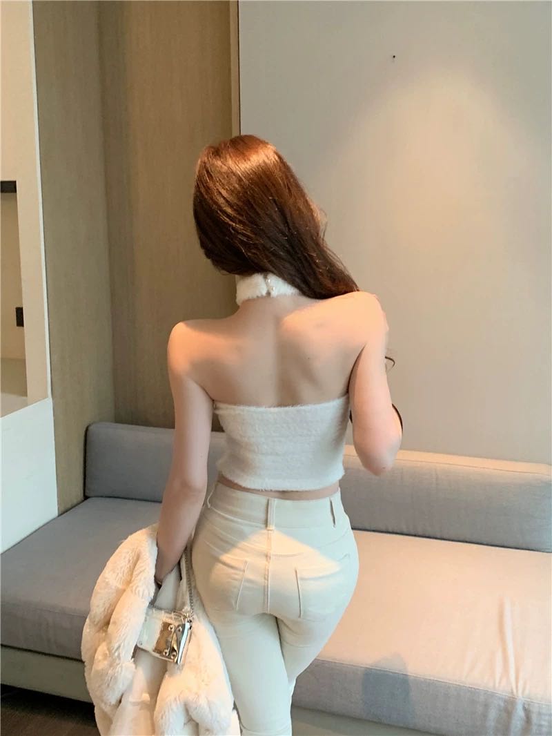 法式秋冬新款法式纯欲半透蕾丝拼接挂脖露背上衣纯欲背心吊带女详情6