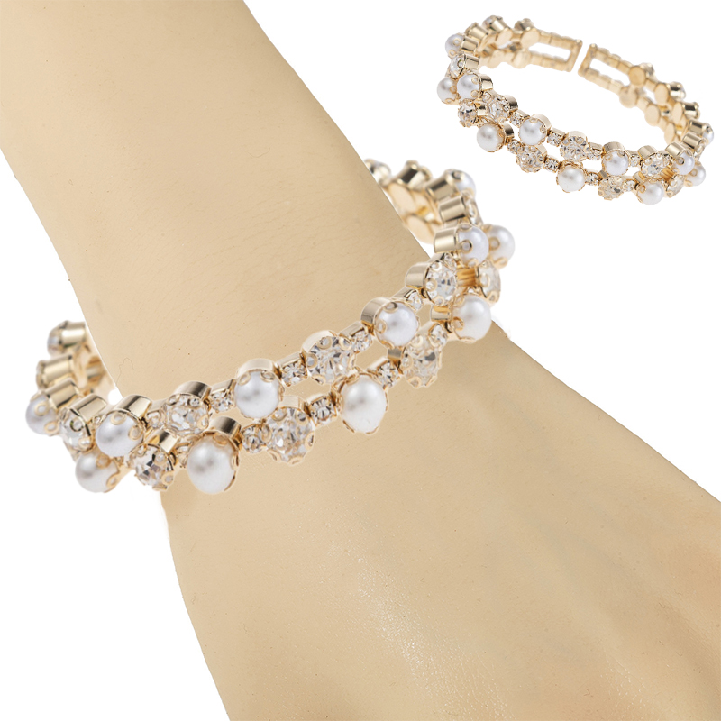 Factory wholesale 2-row steel wire elastic pearl rhinestone bracelets, fashionable and creative design sense diamond-encrusted bracelets and jewelry details Picture