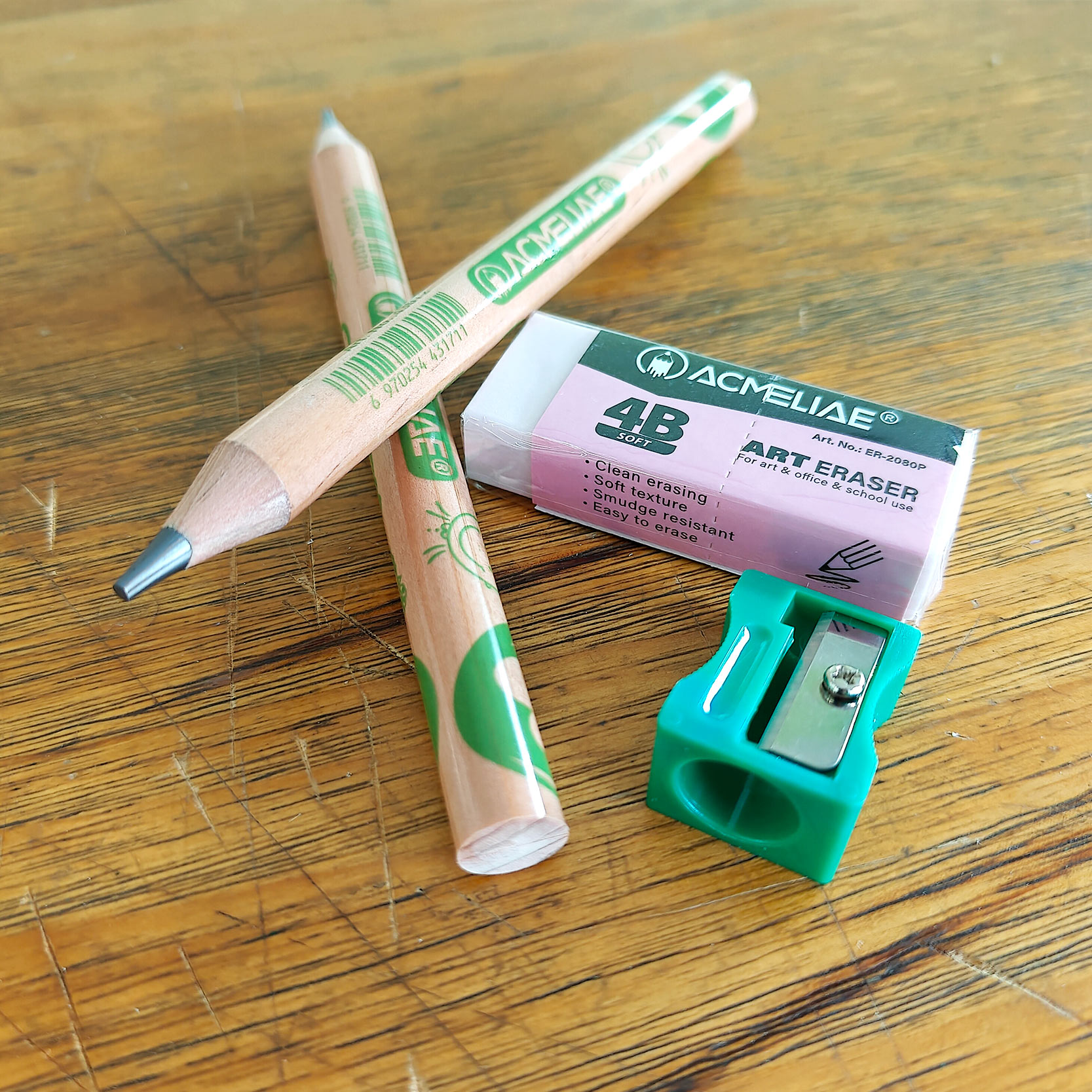 ACMELIAE 2PCS 10mm 6B Pencil+Sharpener+4B Eraser/BlisterCard Specification drawing