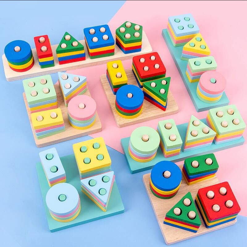 批发木制四套柱几何形状积木马卡龙益智配对教具木质儿童玩具