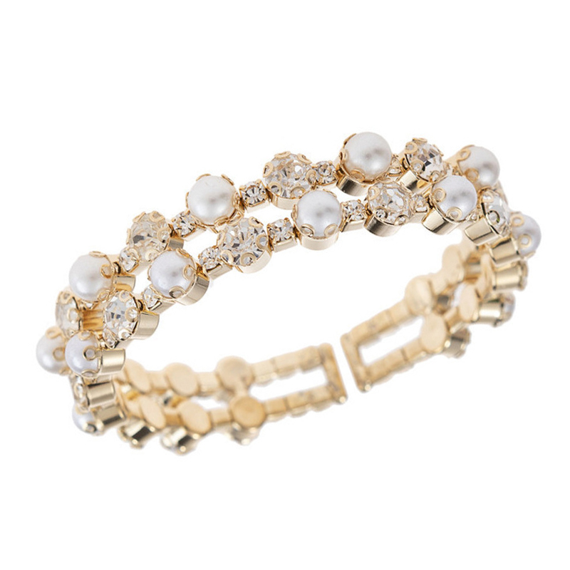 Factory wholesale 2-row steel wire elastic pearl rhinestone bracelets, fashionable and creative design sense diamond-encrusted bracelets and jewelry thumbnail