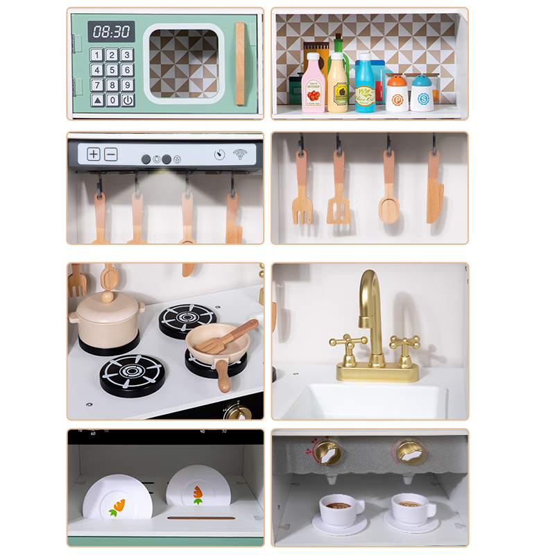 Wooden children's house play, wooden simulation kitchenware, Cheqile set, girls' toy gift box, multi-functional new refrigerator, kitchen storage cabinet, washing machine, water dispenser, oven, stove details Picture