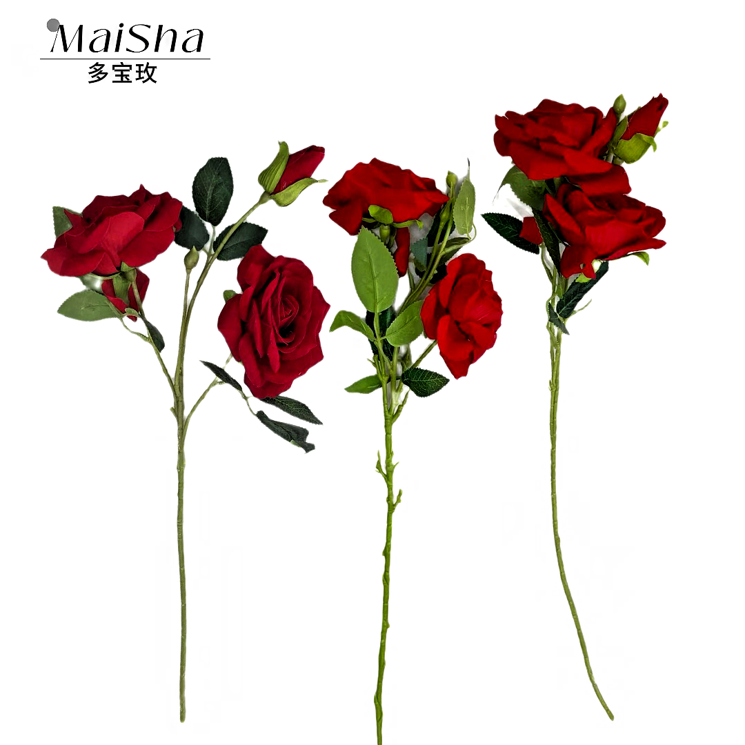 仿真花红色玫瑰花束2花1蕾花束装饰手工礼品