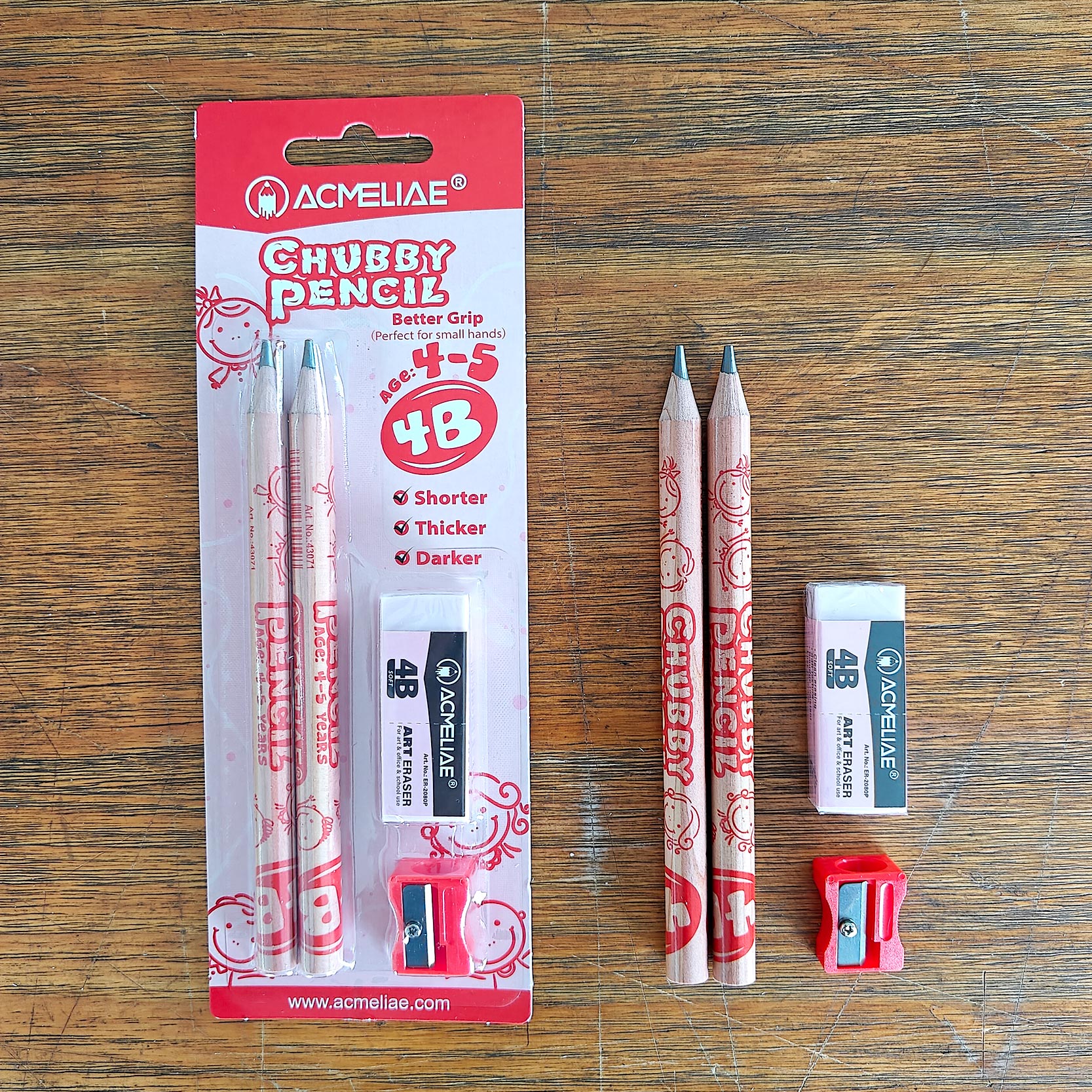 ACMELIAE 2PCS 10mm 4B Pencil+Sharpener+4B Eraser/BlisterCard full figure