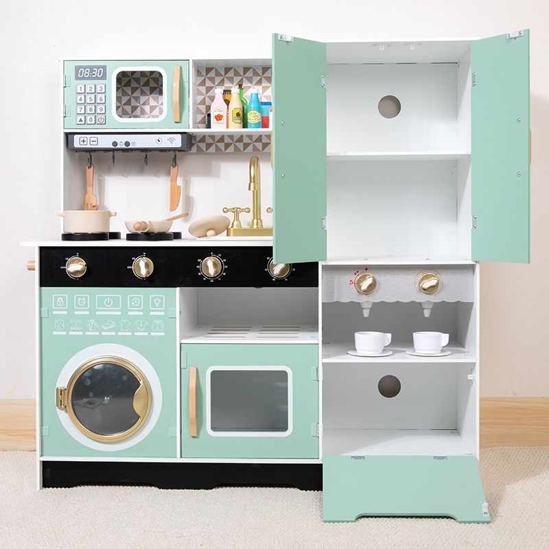 Wooden children's house play, wooden simulation kitchenware, Cheqile set, girls' toy gift box, multi-functional new refrigerator, kitchen storage cabinet, washing machine, water dispenser, oven, stove Application Scenario